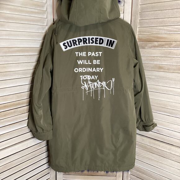 Moussy NoBorder Olive Green Blue Fur Trim Graphic Surprise Heavy Parka 1 S - Picture 3 of 12